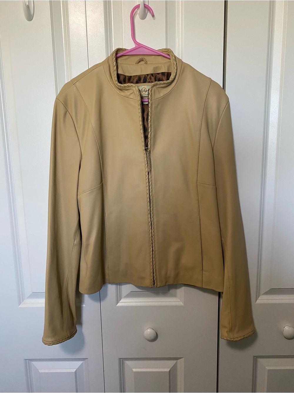 Wilsons Leather Beige Leather Zip-Front Braided Trim Jacket